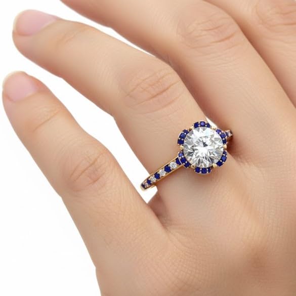 Image of 55Carat Choose Your Gemstone 6 Petal Ring Yellow Gold Plated Round Shape Halo Engagement Rings Well Shaped for Any Gift Giving Occassion Modern Style Enchating Women US Size 4 to 12