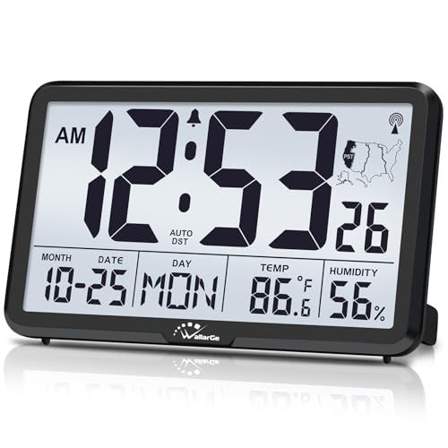 WallarGe Atomic Wall Clock with Backlight, Digital Wall Clock Battery Operated for Classroom, Bedroom, Office, Large Display with Indoor Temperature, Humidity, Date, AUTO DST, 6 Time Zones