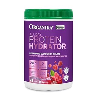 Organika Canadian-Made Protein Hydrator- Raspberry Flavour- Clear Whey Protein Isolate with Collagen, Electrolytes, and Probiotics. Easy to Digest, 20g Protein Per Serving- 650g