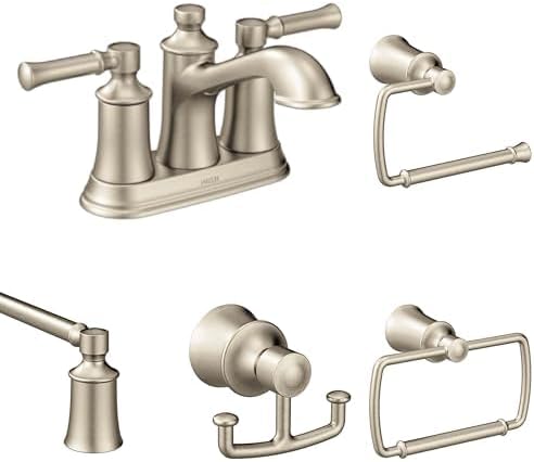 Moen Dartmoor Brushed Nickel Bathroom Set - Two Handle Centerset Faucet with 24-Inch Towel Bar, Towel Ring, Toilet Paper Holder, and Robe Hook