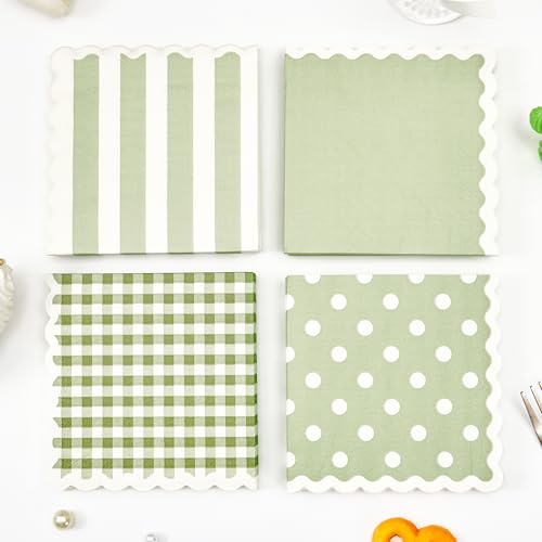Crisky 3-Ply 100 Pcs Wavy Scalloped Sage Green Cocktail Napkin Dessert Disposable Napkins for Wedding, Birthday, Baby Shower, Tea Party, Bridal Anniversary Reception Event (5x5")