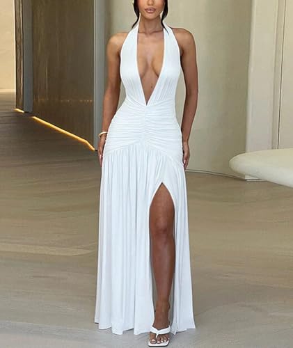 Image of Ekaliy Women's Sexy Halter Deep V Neck Maxi Dress Sleeveless Backless High Slit Ruched Long Dress Summer Party Cocktail Dress