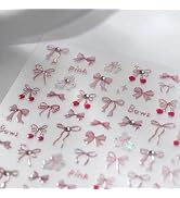 Pink Nail Art Stickers 5D Embossed Sweet Bow Nail Decals Cute Cherry Rhinestones Nails Adhesive N...