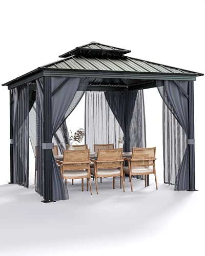 Hardtop Gazebo 10'x10' for All Weather, with Double Metal Roof, Aluminum Alloy Frame, Net, and Curtain, Permanent Building for Patio, Deck, Backyard, Lawn, and Garden, Gray