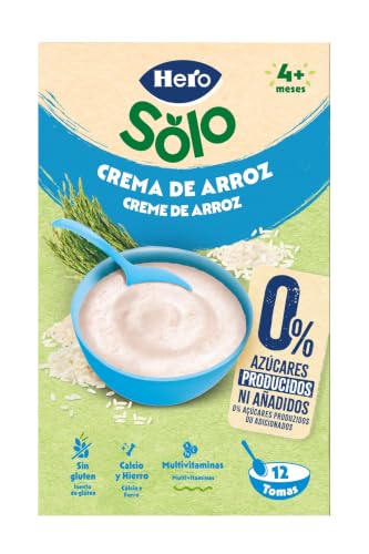 Hero Solo Papilla Crema de Arroz, Sin Gluten ni Lactosa, Rica en Fibras y Vitaminas, Sabor Natural para Bebés, a partir de 4 meses