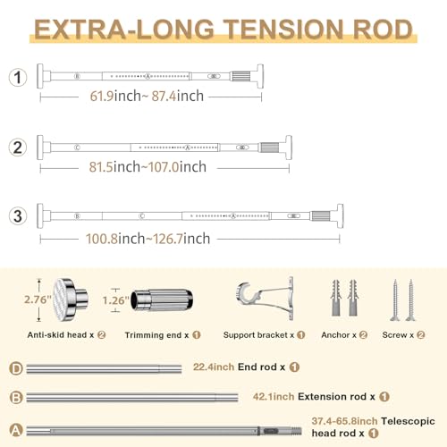 Image of Silver Tension Curtain Rod 41-126In(4-10Ft), Long Outdoor Curtain Rod No Drilling for Window or Patio, Heavy Duty Shower Rod for Bathroom,Rod Diameter 1.26In-One-bond stretching