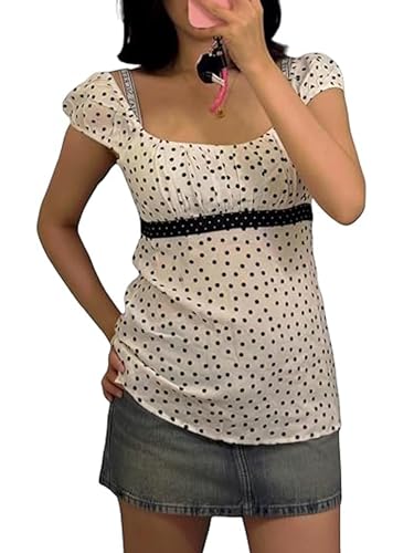 Image of Lshyuehao Womens Polka Dot Babydoll Top Cap Sleeve Micro Polka Dot Tie Back Flowy Peplum Blouse Coquette Going Out Tops (A-White, L)