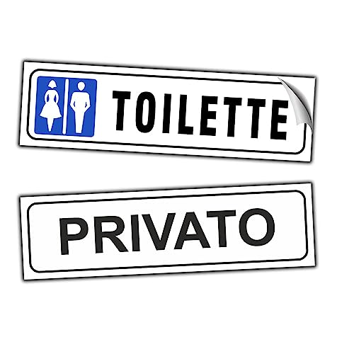 EVM 'TOILETTE Uomo/Donna + PRIVATO' Eticchetta Segnaletica Targhetta in PVC Morbido Adesivo impermeabile Porte Locali Ufficcio Bagno 21x6cm 2pz