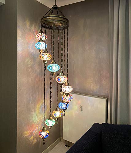 DEMMEX 11 Globes Plug-in Raindrop Spiral Turkish Moroccan Mosaic Chandelier