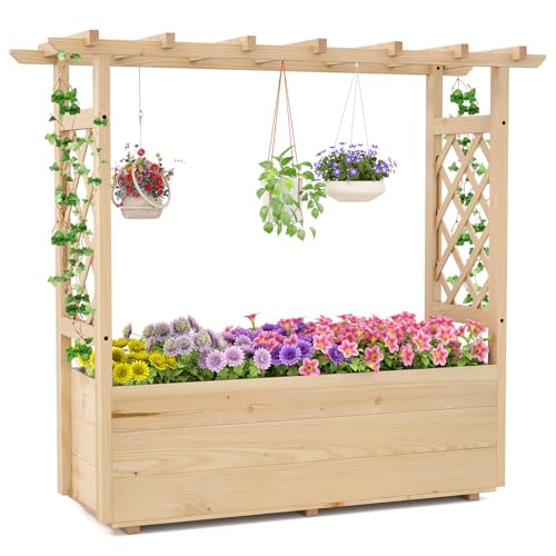 COSTWAY Garden Planter with Trellis, Hanging Roof and Drainage Holes, Wooden Raised Bed for Climbing Vine Plants, Indoor Outdoor Trough Container Grow Box Flower Pot (115 x 40 x 103 cm)