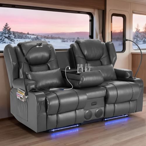 Image of Redlife Power Loveseat Recliner Sofa with Console, PU Leather Dual Reclining Couch with Blue LED Lights, Bluetooth Speaker, USB Ports,2 Phone Holder, Home Theater & RV Recliner (Gray)
