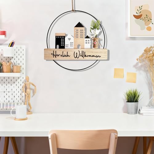 Türkranz Willkommen Schild - Willkommensschild Haustür aus Holz 20cm, Leichter Türkranz außen für Türdeko Haustür, Dekokranz ganzjährig für Geschenkideen, Garten und Wohnzimmer