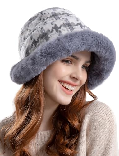 Women's Winter Warm Beanie Hat Thickened Faux Fur Trimmed Warm Fisherman Fleece Lined Bonnet Hat Fluffy Cloche Hat Cossak Russian Wide Brim Cap Blue 2024