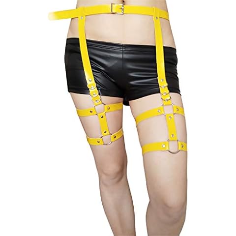 eYLun Women's Adjustable Leather Body Bondage Harness Belt Punk Waist Leg Garter Belt, Yellow, One Size Cover