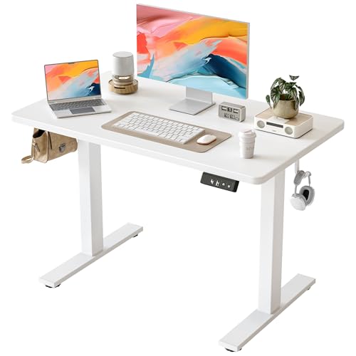 TIQLAB Height Adjustable Electric Standing Desk, 40 x 24 inch, Sit Stand Up Desk, Splice Board, Computer Home Office Desk, White Top