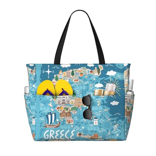 AMAZWI Greece Map Large Beach Tote Bag,Women Sandproof Zipper Beach Travel Bag For Travel Vacation Gym