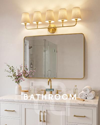 Image of 5-Light Brushed Gold Bathroom Vanity Light, Brown Linen Fabric Shade | 35 Inch gold bathroom light fixture over mirror, UL listed, E26 bulbs, hardwired, upward only, VL837-BG-L-5