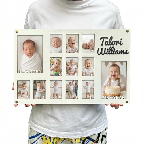 My First Year Photo Frame Personalized | Baby 0-12 Months Picture Display | First Year Wooden Milestone Frame for Newborn | New Mom Baby Keepsake (White)