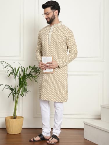 Image of SOJANYA (Since 1958 Men's Cotton Gold Embroidered Sequinned Kurta With white churidar Pyjama