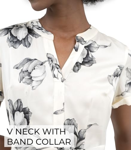 Womens Midi Dress Silk White V Neck Band Collar A Line Short Sleeves Pull On Work Office Business Casual3