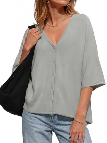 Image of Saodimallsu Womens V Neck Half Sleeve Cardigan Sweaters Summer Knit Tops | Oversized Fit, Button Down, Batwing Sleeve, Soft Lightweight Knitted Fabric, Trendy Casual Style, Summer Fall Outfits