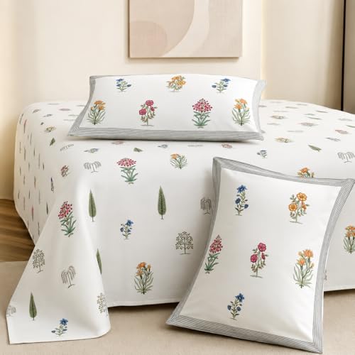 Image of elanorhomes 100% Cotton King Size Bedsheet, 240 TC Soft Breathable Bed Sheet with 2 Pillow Covers, Floral Hand Printed Cotton Bedsheet for Double Bed, Machine Washable, 90x108 inch (Gulzaar)