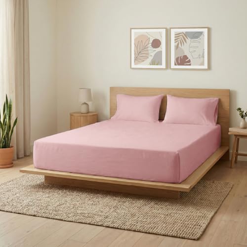 Image of Blue Dahlia 100% Cotton, Queen Size Bedsheet (90 inch x 100 inch) + 2 Pillow Covers, Percale Weave, 200TC Solid Premium Bedsheet, Colour: Soft Pink