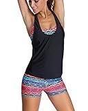 Sidefeel Women Tribal Printed Tankini With Boyshort Swimsuit Set Medium Multicolor