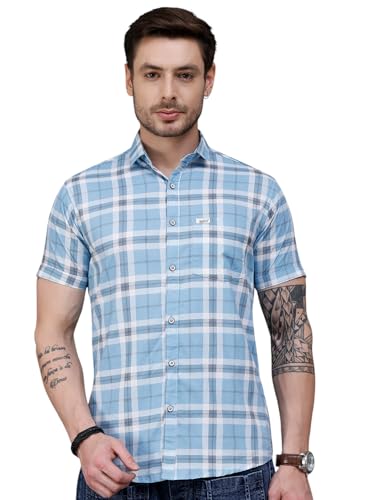 Image of Majestic Man Men Slim Fit Pure Cotton Checkred Half Sleeve Casual Shirt