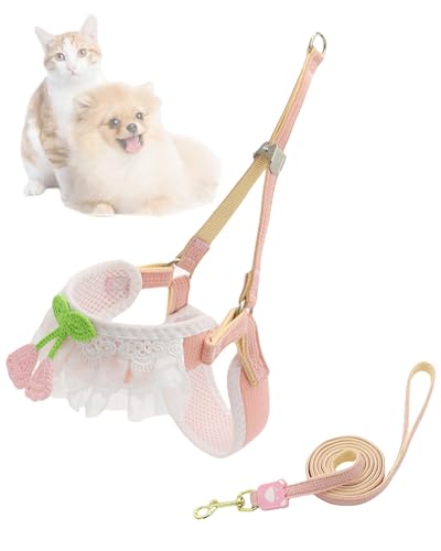 Tibemi 猫 リード付きハーネス Y型設計犬はーねす小型犬 中型犬 猫用ハーネス 可愛い 猫 ハーネス 抜けにくい犬ハーネス リードセット 毛糸の刺繍と白いレースの装飾ネコ ハーネス サイズ調整可能 犬/猫通用 耐久性 脱走防止 牽引ロープ全長150c