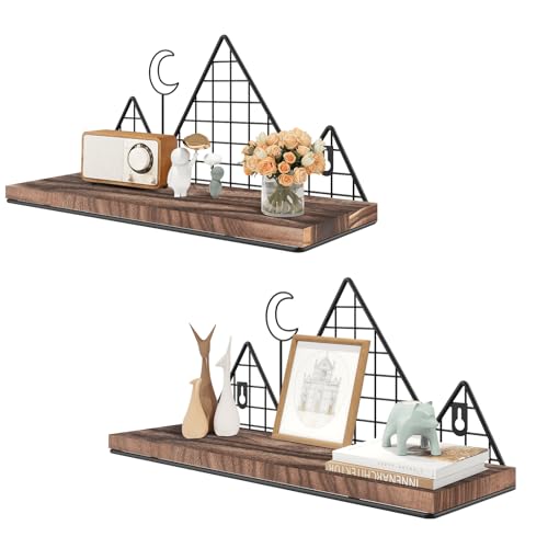 Image of Homode Floating Shelves, Set of 2 Mountain Wall Shelves, Rustic Wood Display Storage Shelf with Metal Wire, Geometric Decor for Bathroom, Nursery, Bedroom, Office, Brown and Black