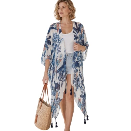 STARWHISPER Women's Swimsuit Cover Up for Beach Kimonos with Bohemian Cruise Outfits for Women 2025 Summer Casual Resort Wear (Navy Vista)