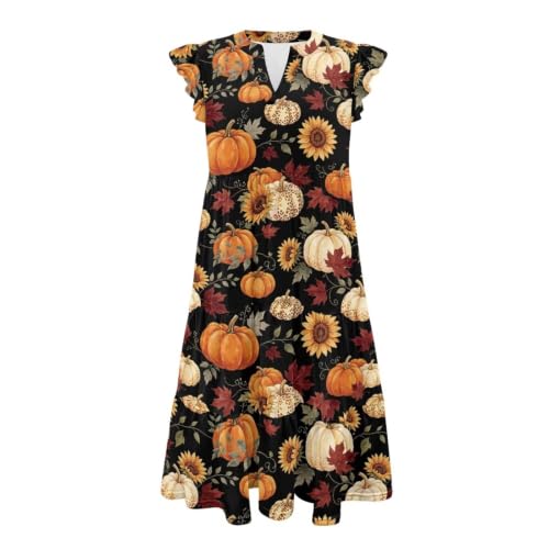 Image of Women's Casual Ruffle Sleeve Dress V Neck Pullover Dress Flowy A-Line Pleated Lightweight Dress with Pockets