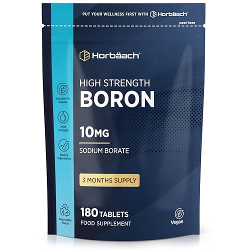 Boron 10mg | High Strength Boron Supplement | 180 Vegan Tablets | Sodium Borate | for Men & Women | by Horbaach