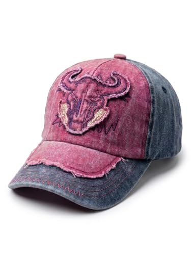 Image of Premium Vintage Denim Baseball Cap for Men & Women | Retro Chicago Bull Skull Design | Washed Distressed Streetwear Hat