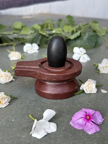 Image of Shivam VASTU AKAL 1.5 inch Original Narmadeshwar Narmada Shivling with 3 inch Narmada Stone Yoni Base Jaladhari (Black Shivling, Brown Damru Jaladhari)