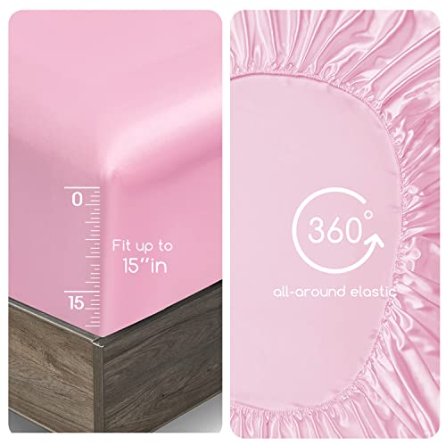 Image of MR&HM Satin Bed Sheets, Twin Size Sheets Set, 3 Pcs Silky Bedding Set with 15 Inches Deep Pocket for Mattress (Twin, Pink)
