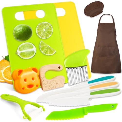 12PCS Kids Knife Set for Real Cooking with Kids Apron, Kids Cooking Sets Real, Toddler Kitchen Tools with Kids Cutting Board and Knife Set, Toddler Cooking Set for Girl Boy
