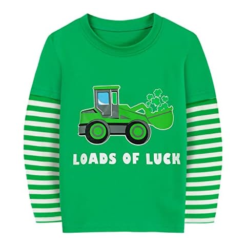 FEDPOP Toddler Boy Girl St Patricks Day Shirts Clover Shamrock Stripe Sleeve Tshirt for Kids Green Tee Tops 2-7 Years, Bulldozer, 3 Years Cover