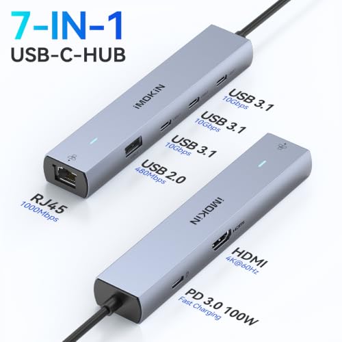 Image of MOKiN 10Gbps USB C Hub Ethernet, 7 in 1 USB C Adapter for MacBook Pro /Air with 4K@60HZ HDMI, 3*USB-C 10Gbps Data, RJ45, USB 2.0, 100W PD, USB C Dongle for MacBook Pro /Air /Dell /HP /Thinkpad /Lenovo. | 7 in 1 HDMI Adapter with 3x USB-C 10Gbps Data, HDMI, Ethernet, 100W PD Charging, Mac Dongle for Dell /HP /Lenovo /Laptop