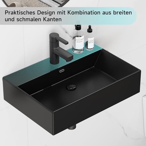 Waschbecken Waschtisch aus Keramik - 60x42x14cm - Aufsatzwaschbecken Eckig - Hänge Waschbecken Bad - mit Hahnloch und Überlauf - waschbecken klein gäste wc Handwaschbecken Aufsatzwaschtisch Schwarze