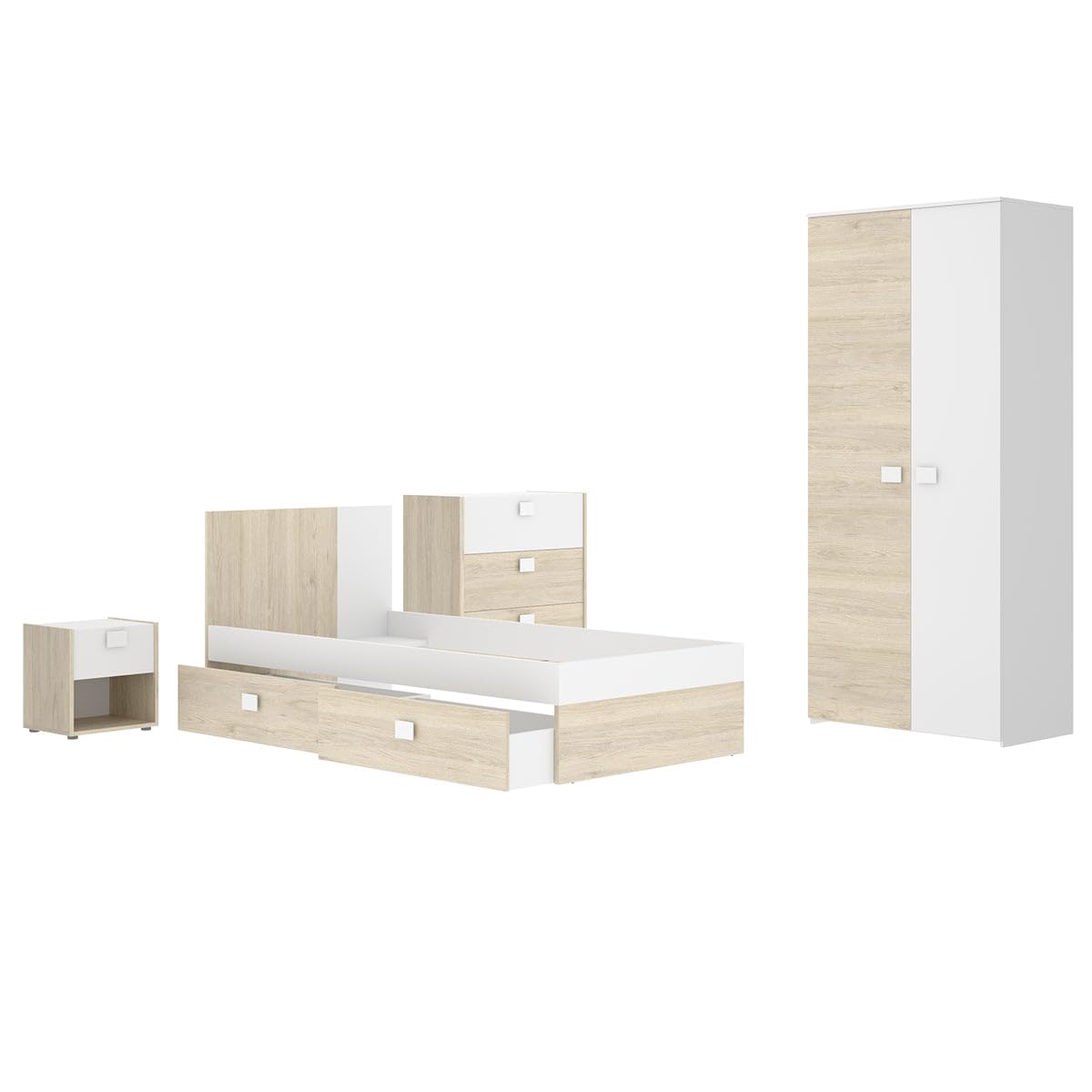 DEKIT - Pack Ahorro Juvenil Cama Dina con cajones, Armario, mesita y cómoda con 1 Colchón viscoelástico Nova 90x190cm y 1 Somier de Lama Ancha