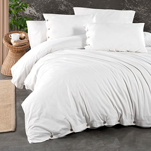 DHESTIA HOME - Funda Nórdica Blanca Algodón Turco Organic Blanc con Botones y Almohadones - Color Blanco, Talla Cama 150/160