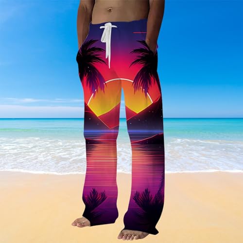 Generic Mens Linen Pants Beach Hawaii Print Casual Summer Casual Pants Elastic Waist Drawstring Baggy Trousers with Pockets, X-Large, #B5 Red2