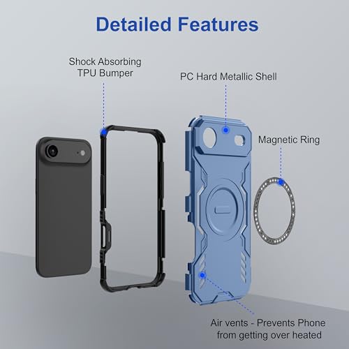Image of amazon basics Back Case Cover for iPhone 17 Air | Magnetic Case with Built-in Metal Ring | Supports Mag-Safe Charger, Wallet & Car Mount | Shockproof Hybrid PC + TPU | Blue