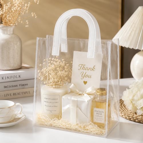 Image of SATYAM KRAFT 6 Pcs Transparent Reusable Leather Goodie Bags | Elegant Gift Bags for Her /Him Wedding Return Favors, Engagement Hampers, Marriage, Birthday & Festival Gifting | Handle Hamper Shopping Carry Bags (U-shaped White - Large)