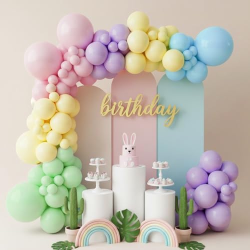 Image of RUBFAC 135pcs Pastel Balloon Arch Kit, Macaron Rainbow Latex Balloon, Different Sizes 18 12 10 5 Inch for Garland Baby Shower Birthday Party Gender Reveal Garland Decoration