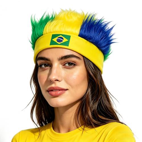 Image of Rose bud Brazil World Cup Soccer Wig Hair Headband Yellow Green Blue Headband Wig for Women Men Sports Football Halloween Costume Cosplay and Party