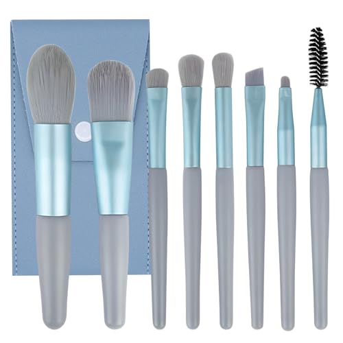 8 brochas de maquillaje profesionales, juego de brochas de maquillaje con estuche de piel sintética, mini brocha para corrector de ojos facial, colorete, base de maquillaje, polvos correctores (azul)