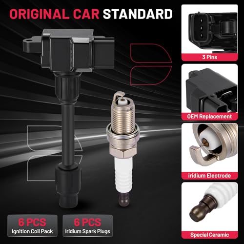 Image of BDFHYK 6 Ignition Coil Pack UF232 and 6 Iridium Spark Plug 5464 Compatible with INFINITI 1996-1999 I30, Compatible with Nissan 1995-1999 Maxima 3.0L V6 Coil for 2244831U00 UF-232